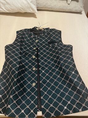 Men’s Dark Teal Blue/Green Geometric Button Nehru Vest, Indian Wedding